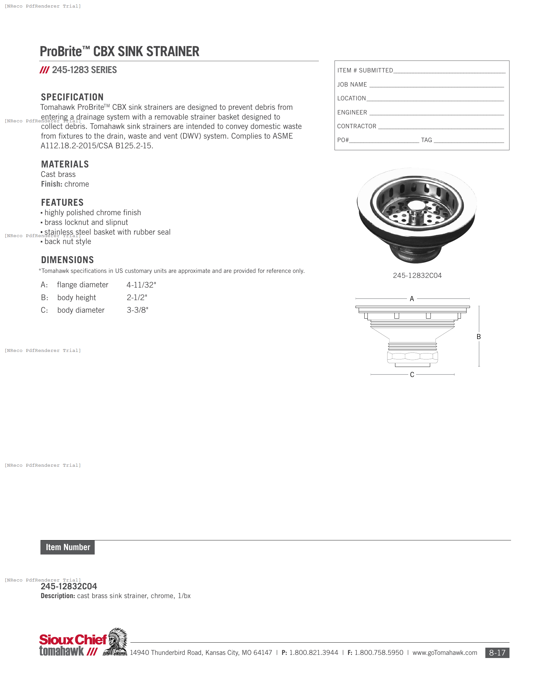 245-12832C04 - PROBRITE CBX SINK STRAINER - SPEC SHEET.PDF Specification Document
